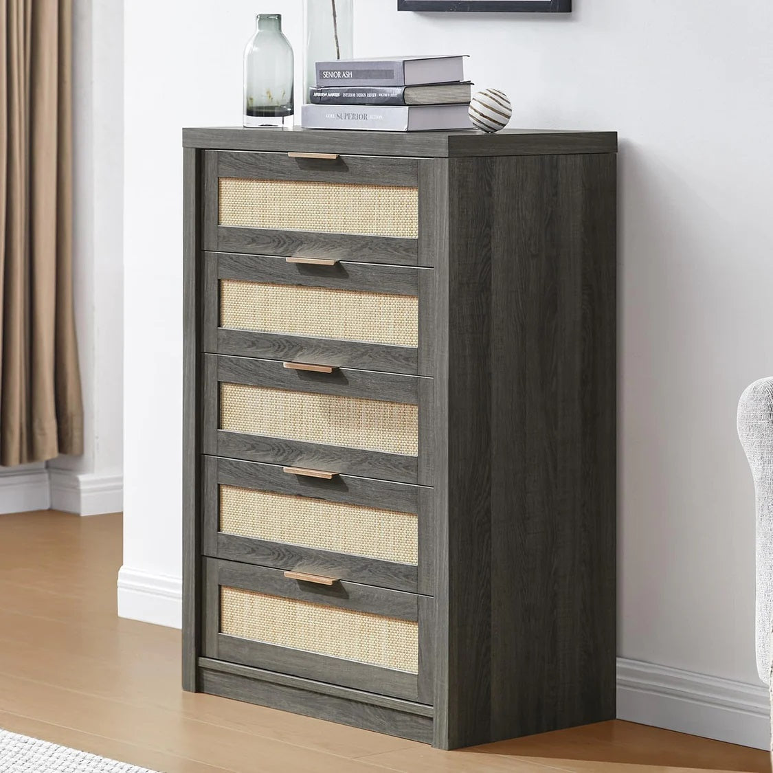 5 Drawers Dresser Tallboy Storage Cabinet/Rattan Drawers/Hallway Console Table Midnight Oak
