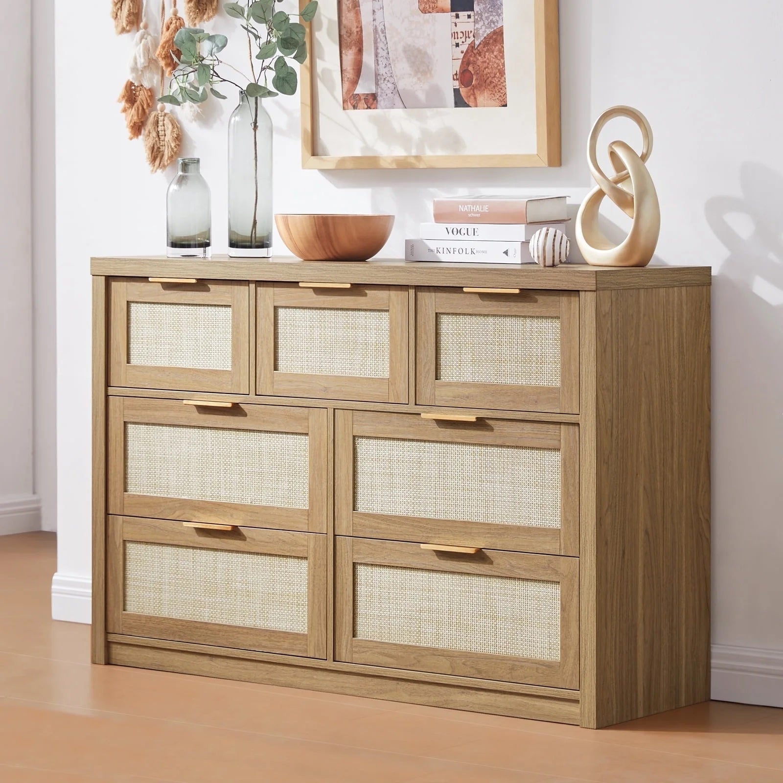 Rattan Hallway Console Sideboard/Tallboy Storage Cabinet Dresser Weathered Oak
