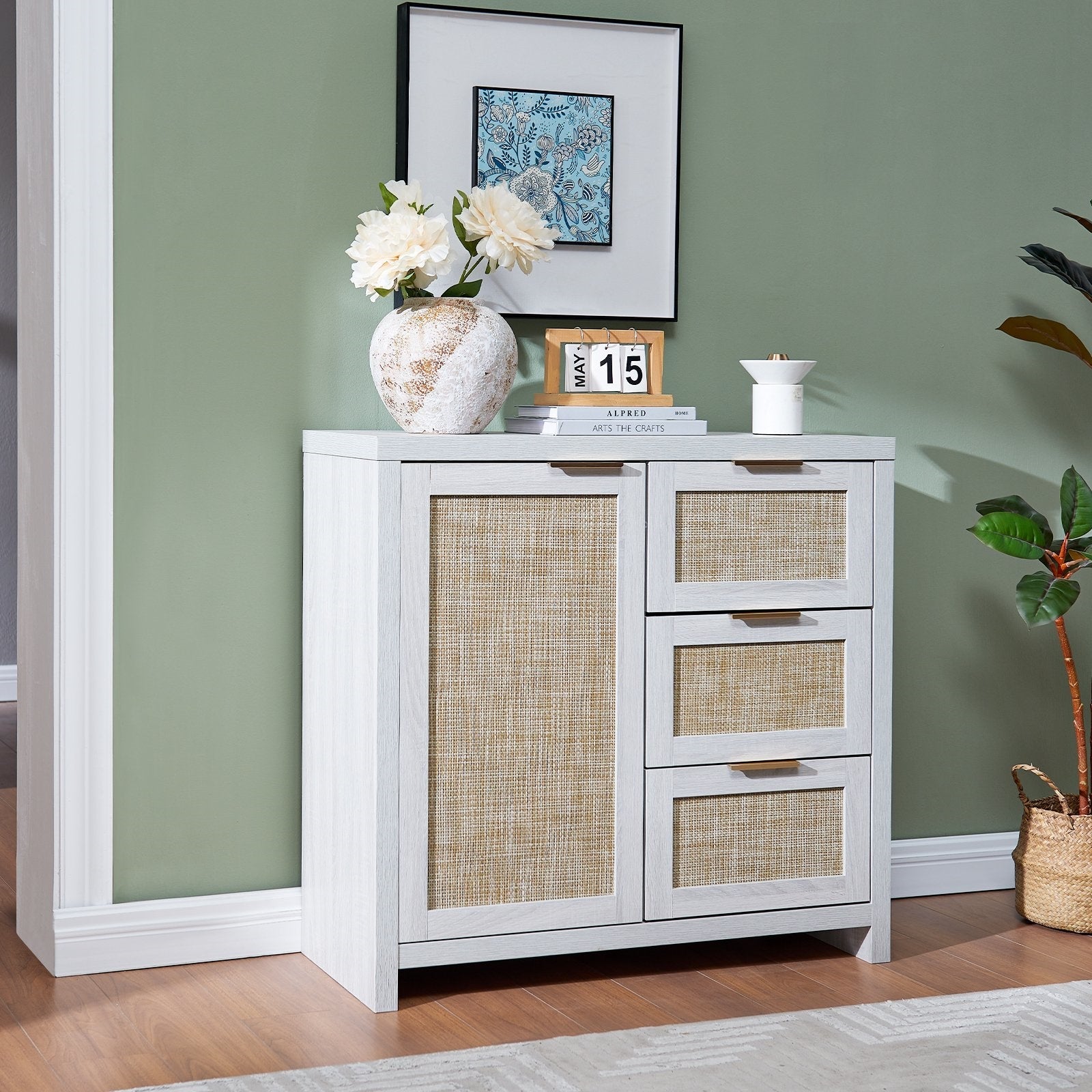Hampstead Storage Cabinet/Hallway Console Table/Sideboard/Accent Cabinet with Rattan Drawers Pale Oak