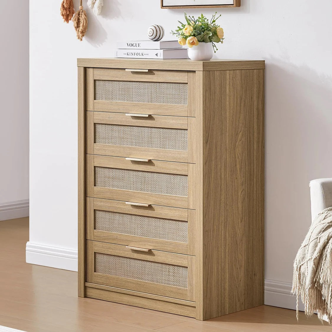 5 Drawers Dresser Tallboy Storage Cabinet/Rattan Drawers/Hallway Console Table Weathered Oak