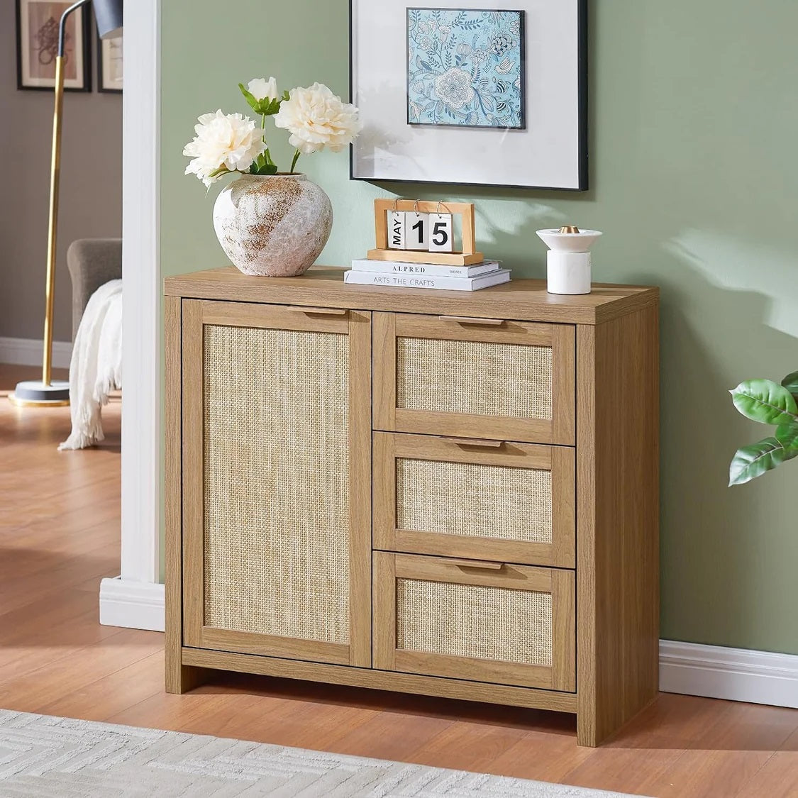 Hampstead Storage Cabinet/Hallway Console Table/Sideboard/Accent Cabinet with Rattan Drawers Midnight Oak Weathered Oak