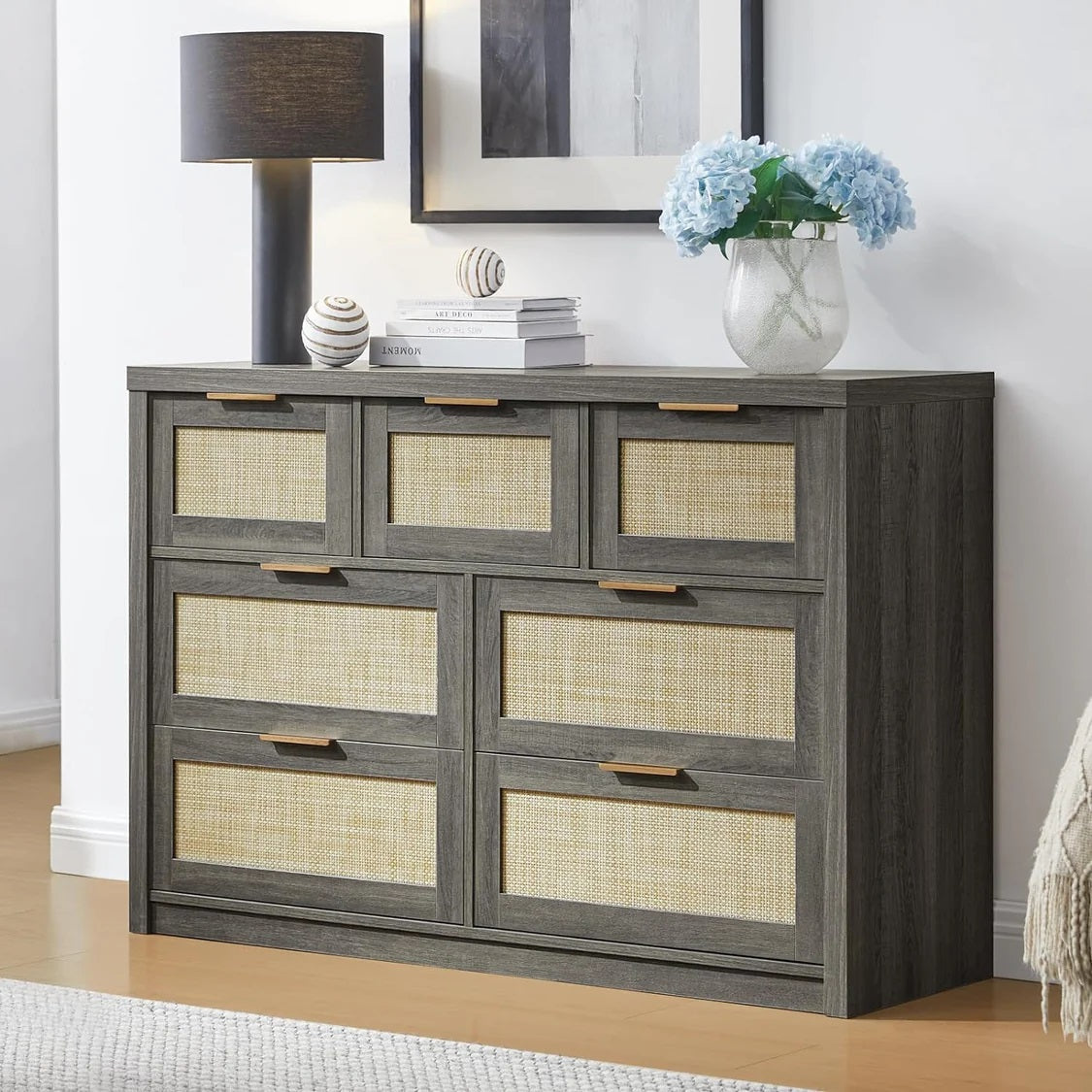 Rattan Hallway Console Sideboard/Tallboy Storage Cabinet Dresser Midnight Oak