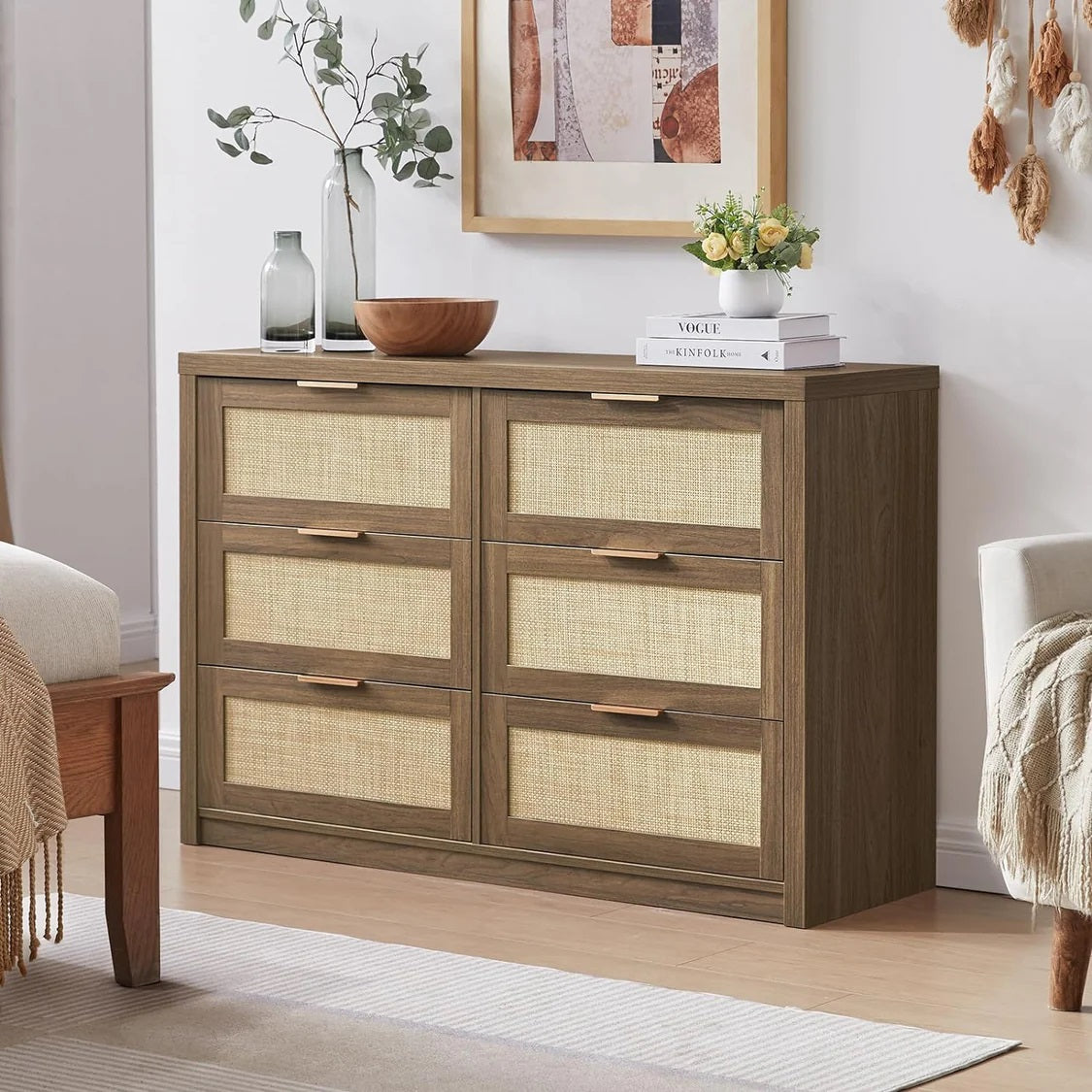 Tallboy Hallway Console Table/Rattan Storage Sideboard Chest of Drawers Walnut