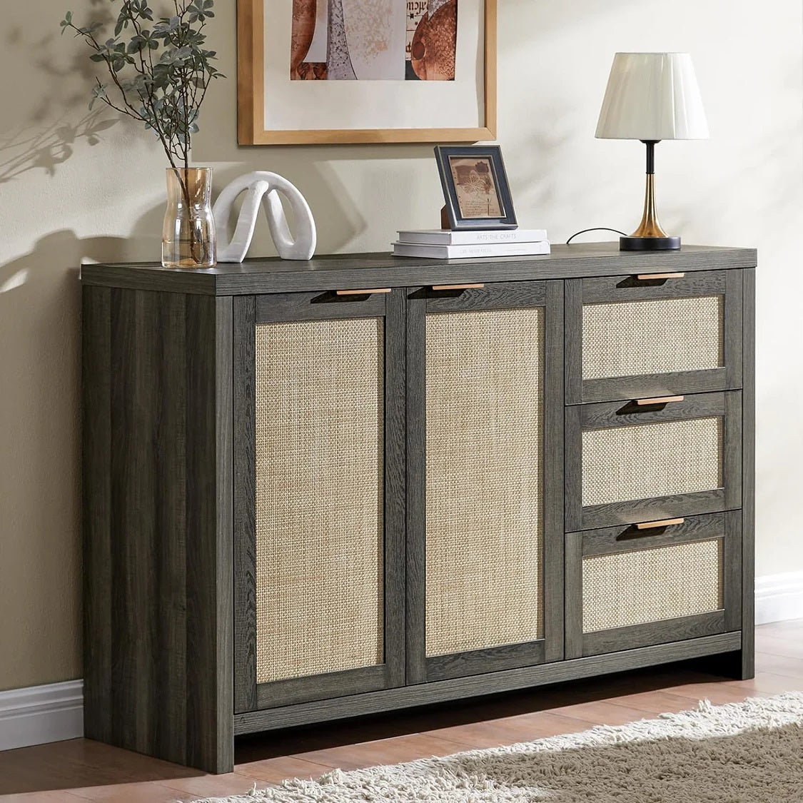 Rattan Dresser Tallboy Storage Cabinet/Buffet Sideboard/Hallway Table Midnight Oak