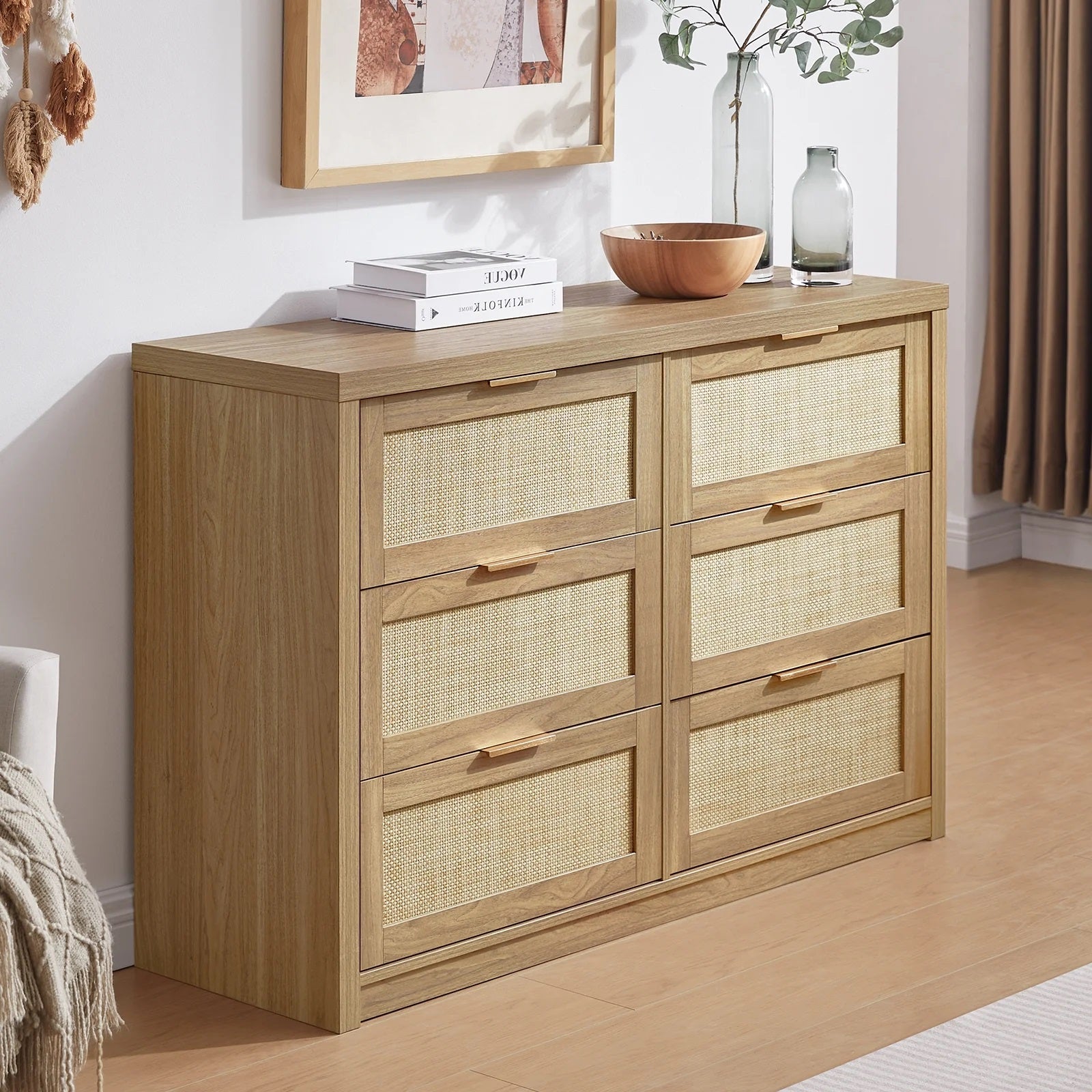 Tallboy Hallway Console Table/Rattan Storage Sideboard Chest of Drawers Weathered Oak