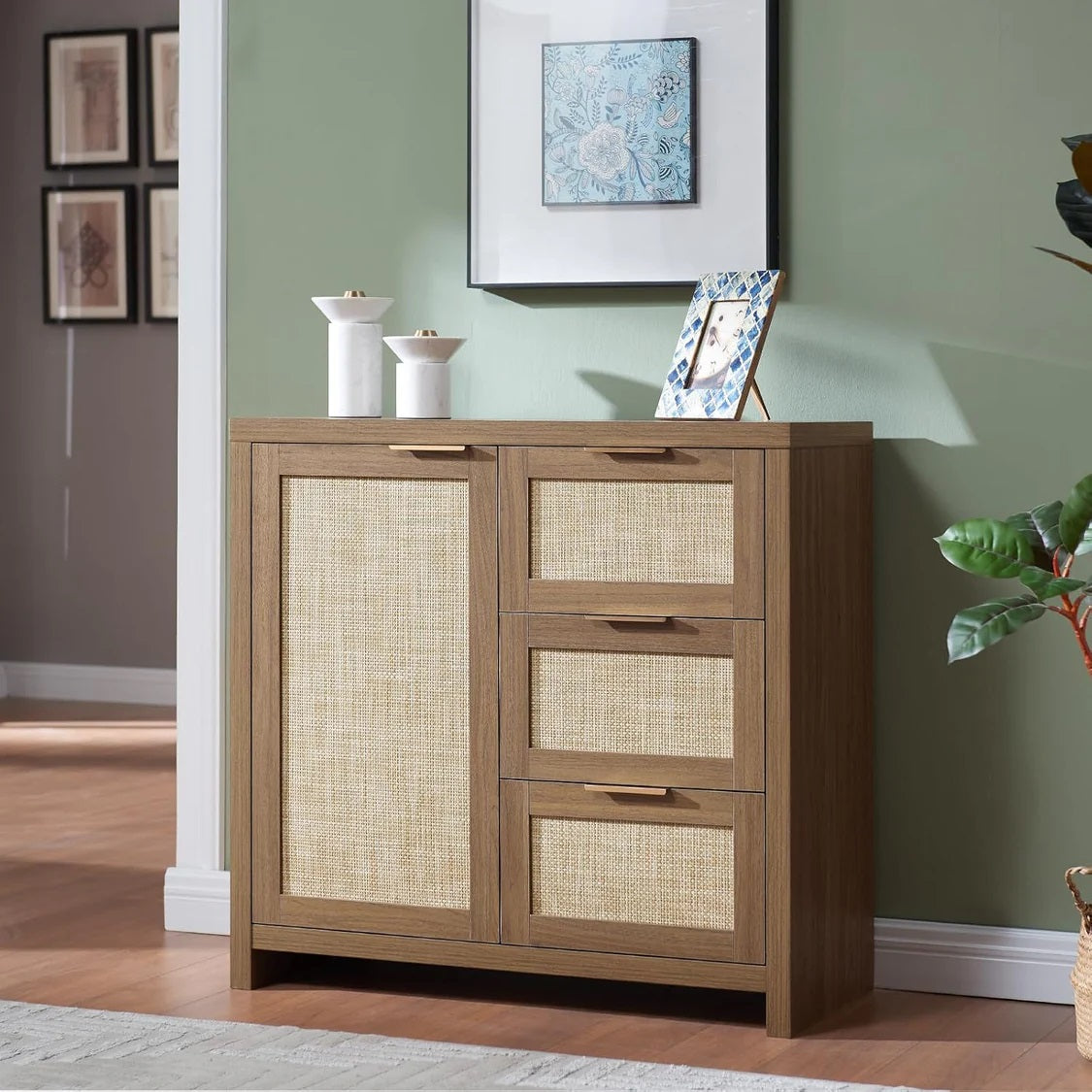 Hampstead Hallway Console/Buffet/Sideboard/Accent Cabinet with Rattan Drawers Walnut