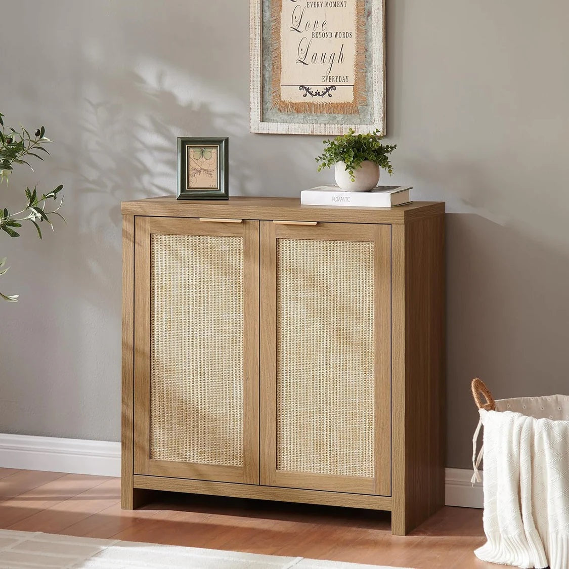Hampstead Shoe Cabinet/Buffet/Sideboard/Accent Cabinet with Rattan Doors Weathered Oak