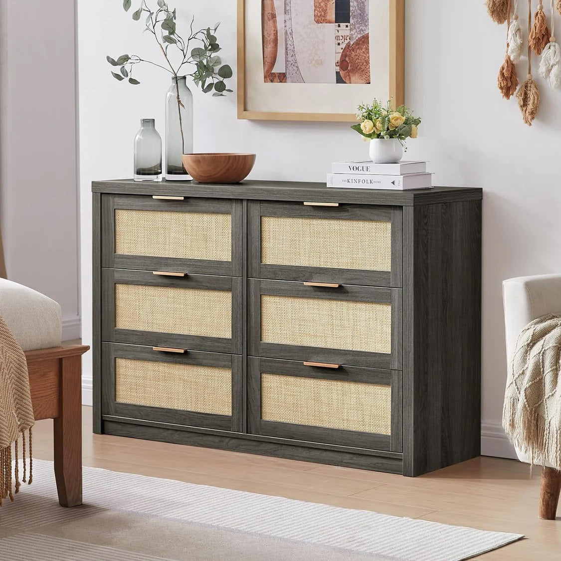 Tallboy Hallway Console Table/Rattan Storage Sideboard Chest of Drawers Midnight Oak