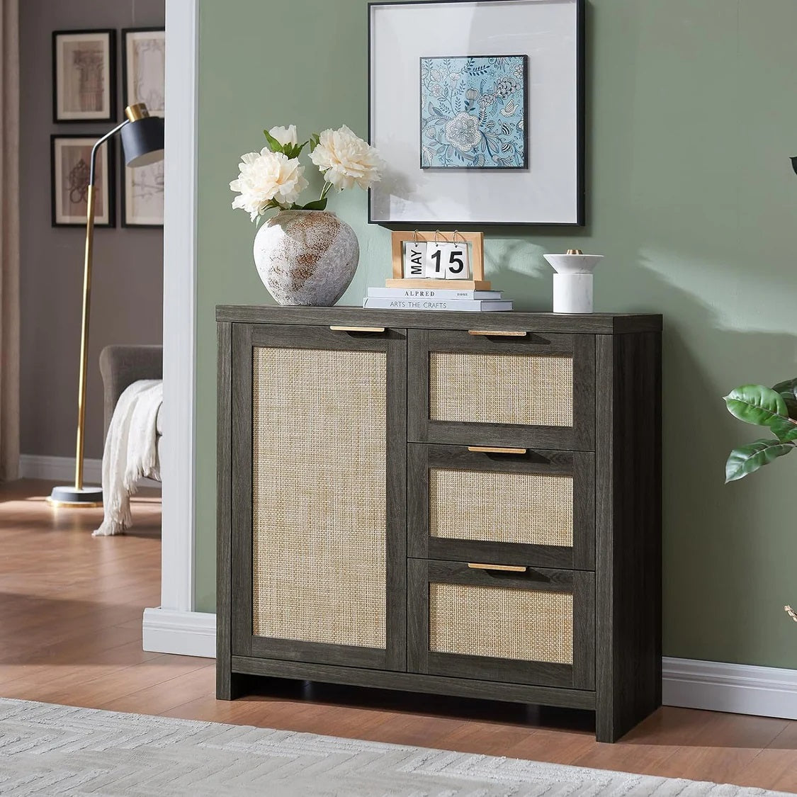 Hampstead Hallway Console Cabinet/Sideboard/Accent Cabinet with Rattan Drawers Midnight Oak