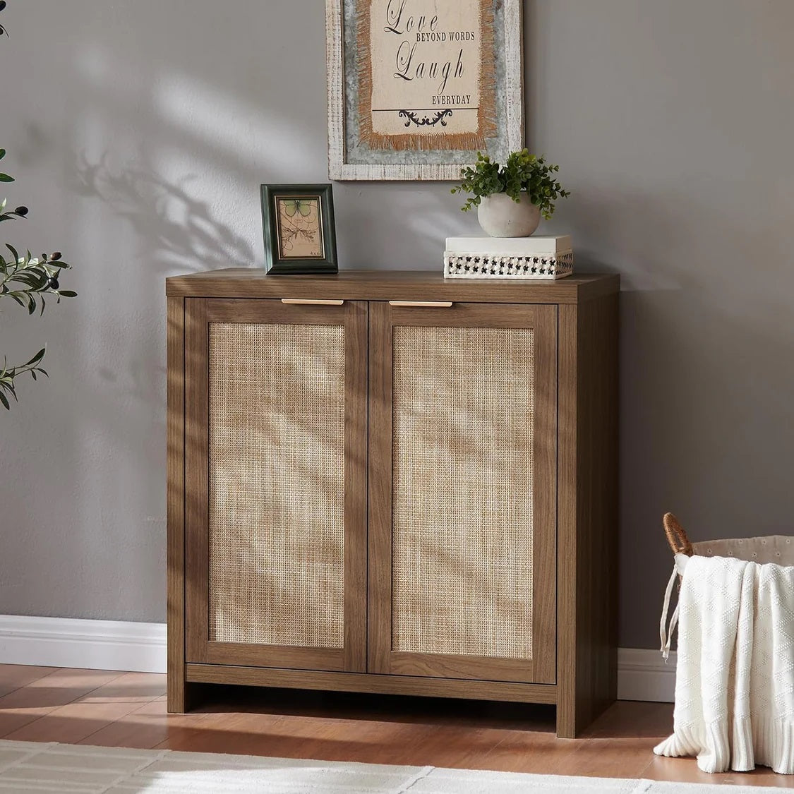 Hampstead Shoe Cabinet/Buffet/Sideboard/Accent Cabinet with Rattan Doors Walnut