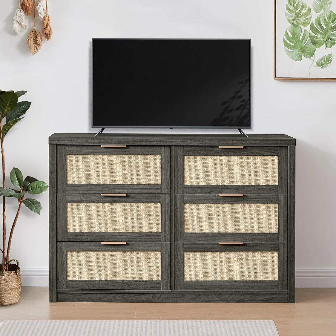 Tallboy Hallway Console Table/Rattan Storage Sideboard Chest of Drawers Midnight Oak