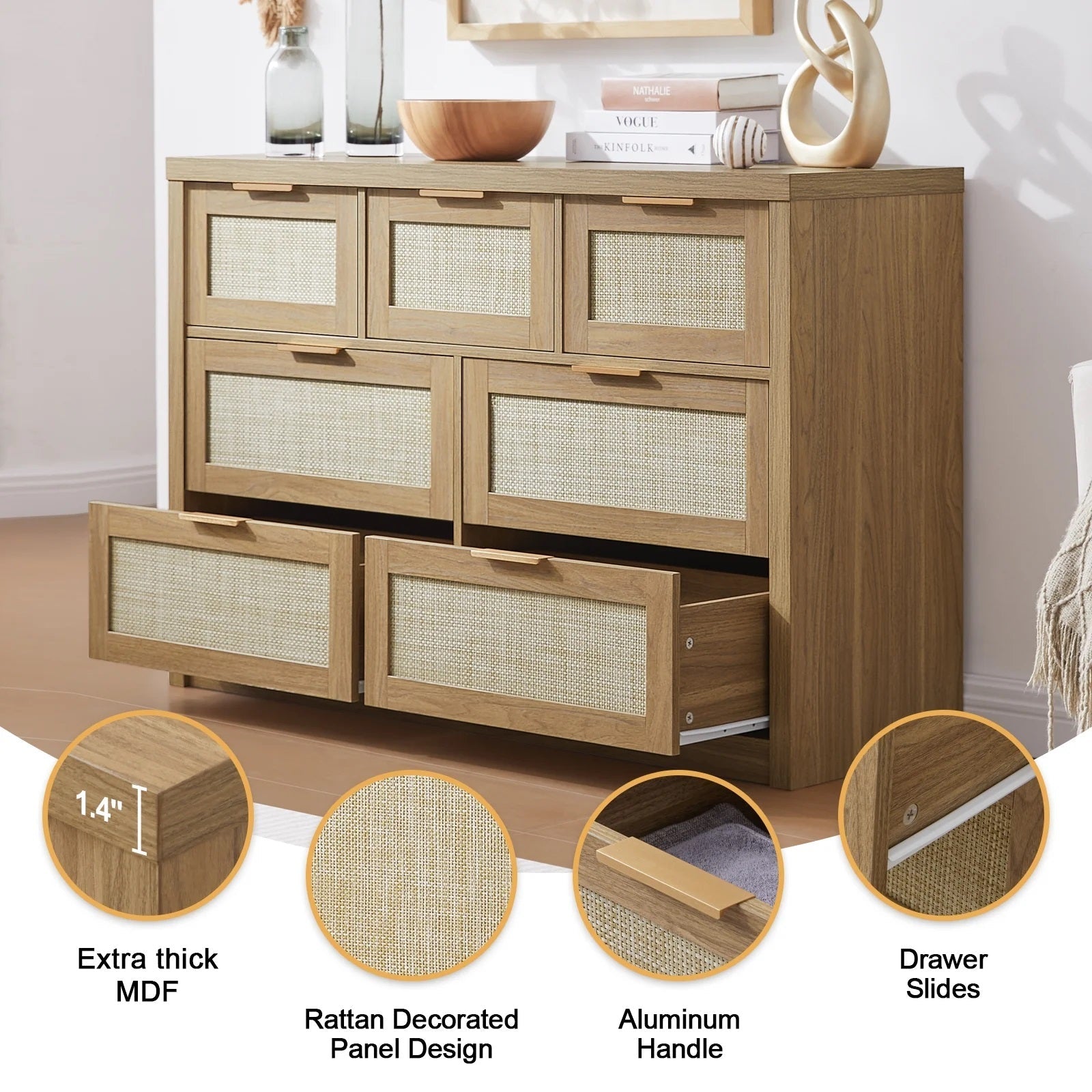 Rattan Hallway Console Sideboard/Tallboy Storage Cabinet Dresser Weathered Oak
