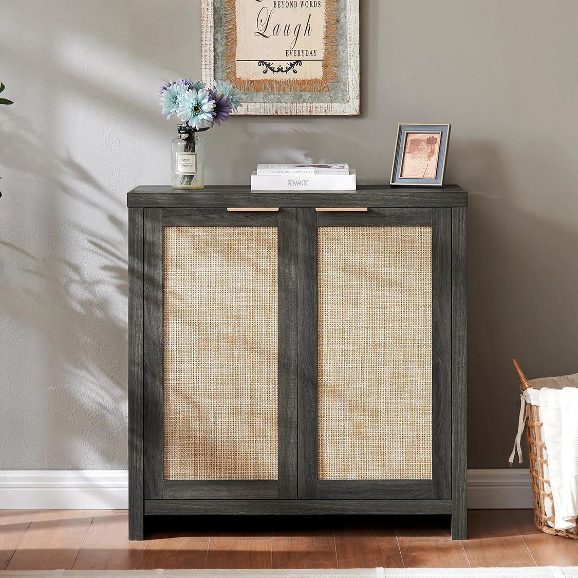 Hampstead Shoe Cabinet/Buffet/Sideboard/Accent Cabinet with Rattan Doors Midnight Oak