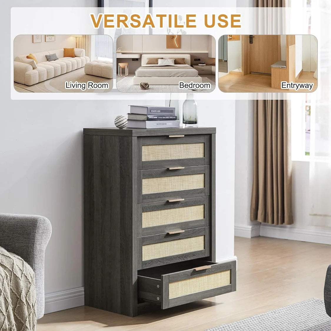5 Drawers Dresser Tallboy Storage Cabinet/Rattan Drawers/Hallway Console Table Midnight Oak