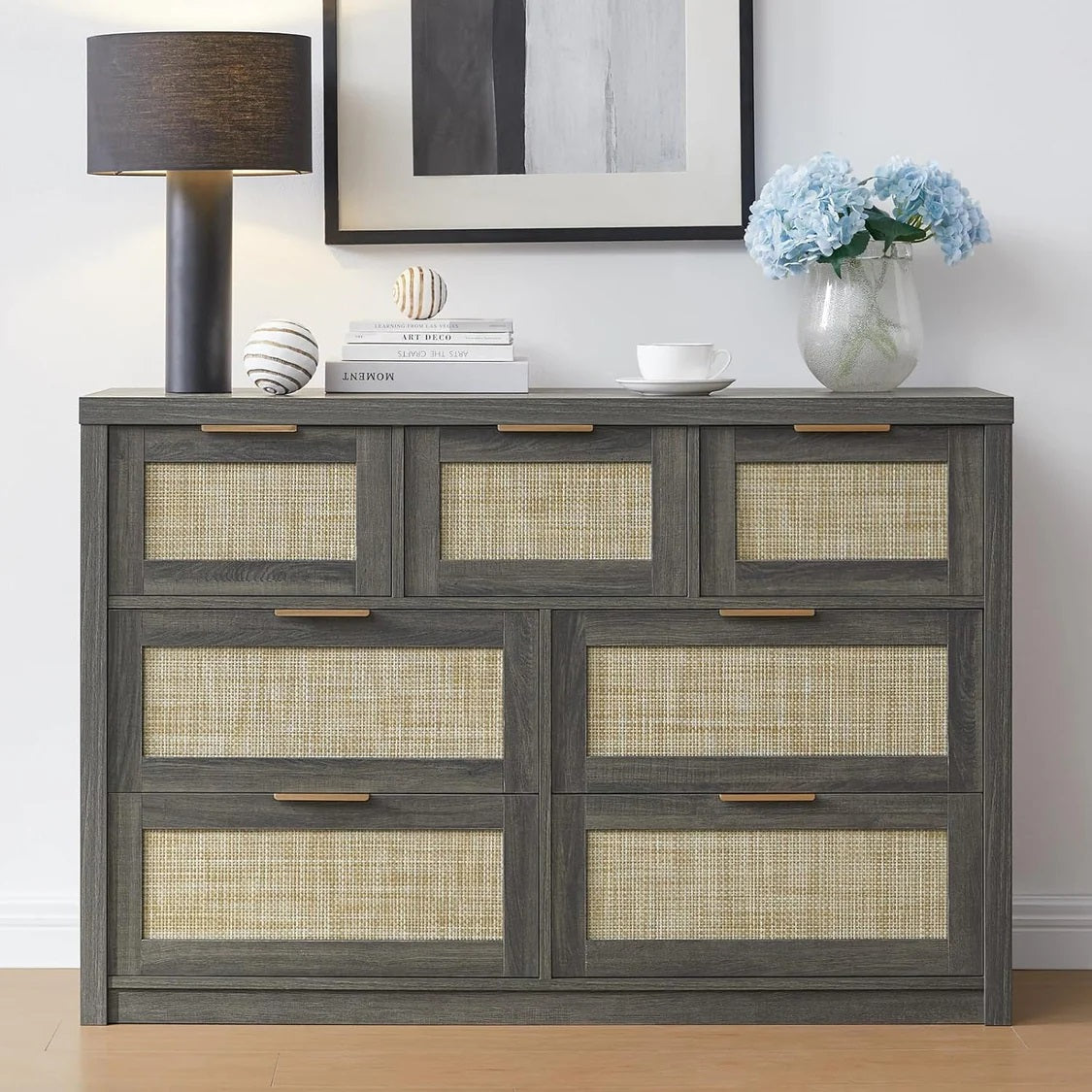 Rattan Hallway Console Sideboard/Tallboy Storage Cabinet Dresser Midnight Oak