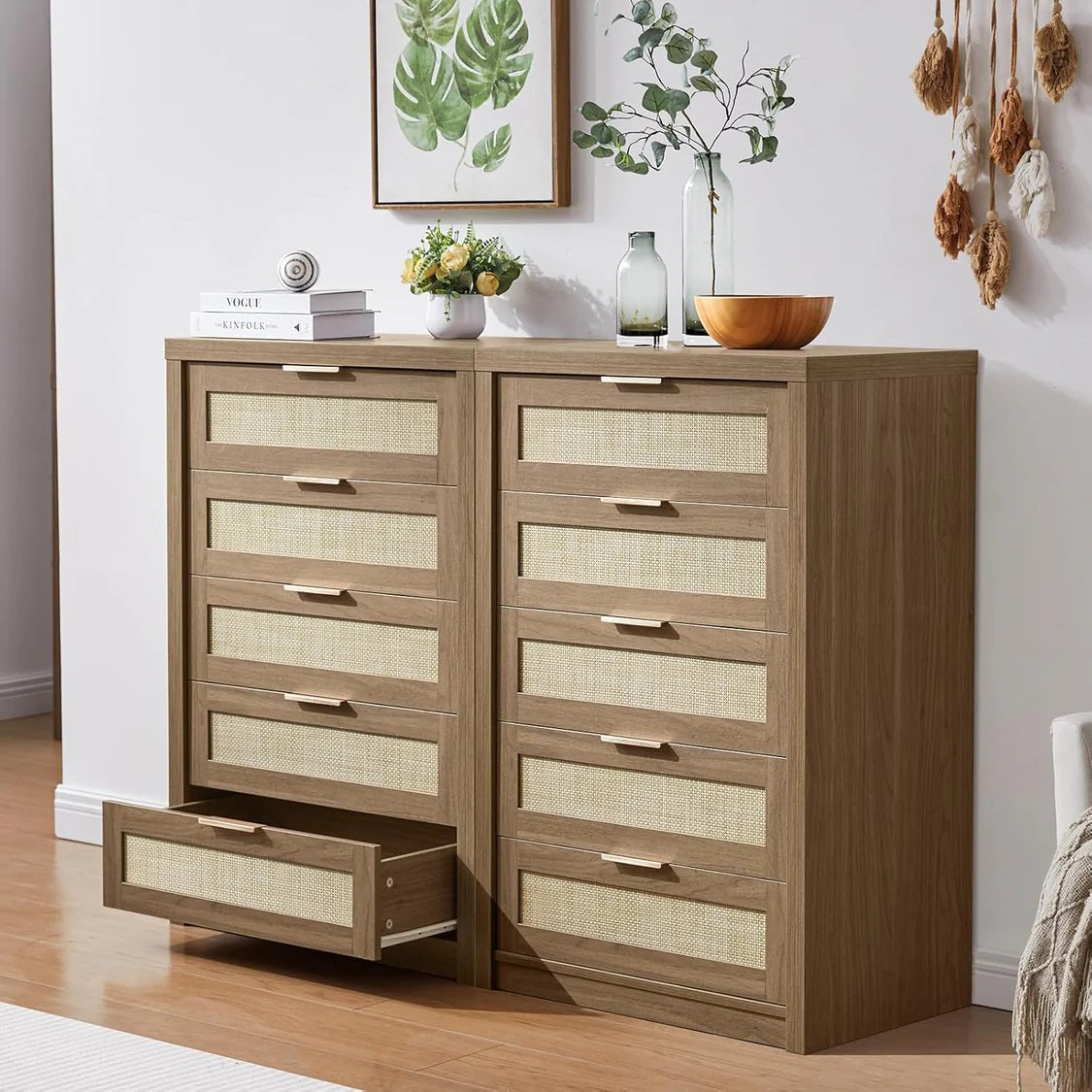 5 Drawers Dresser Tallboy Storage Cabinet/Rattan Drawers/Hallway Console Table Walnut