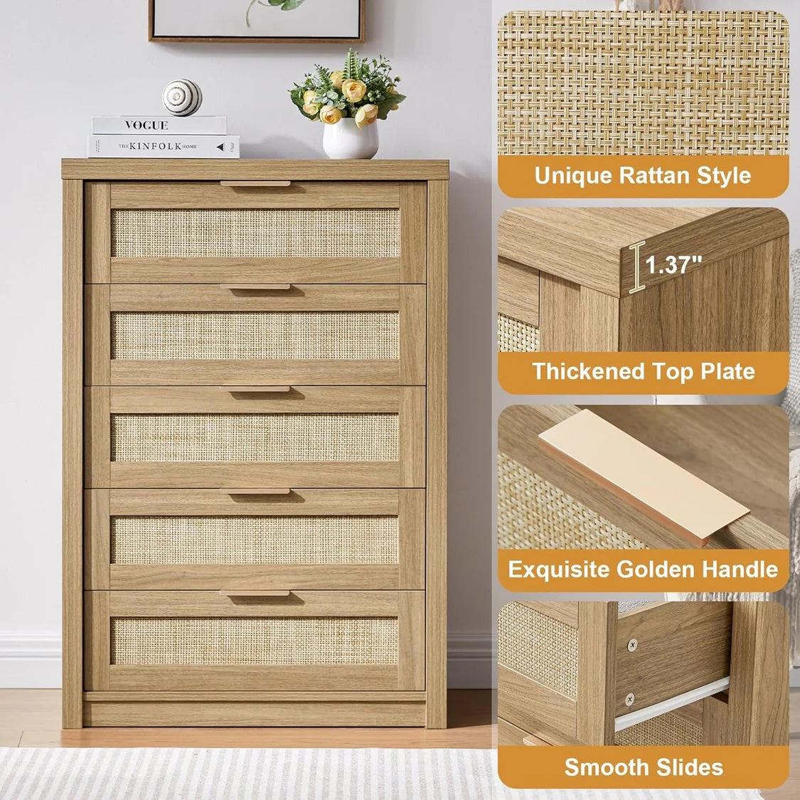 5 Drawers Dresser Tallboy Storage Cabinet/Rattan Drawers/Hallway Console Table Weathered Oak