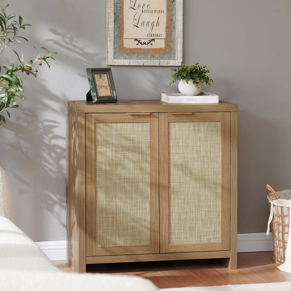 Hampstead Shoe Cabinet/Buffet/Sideboard/Accent Cabinet with Rattan Doors Weathered Oak