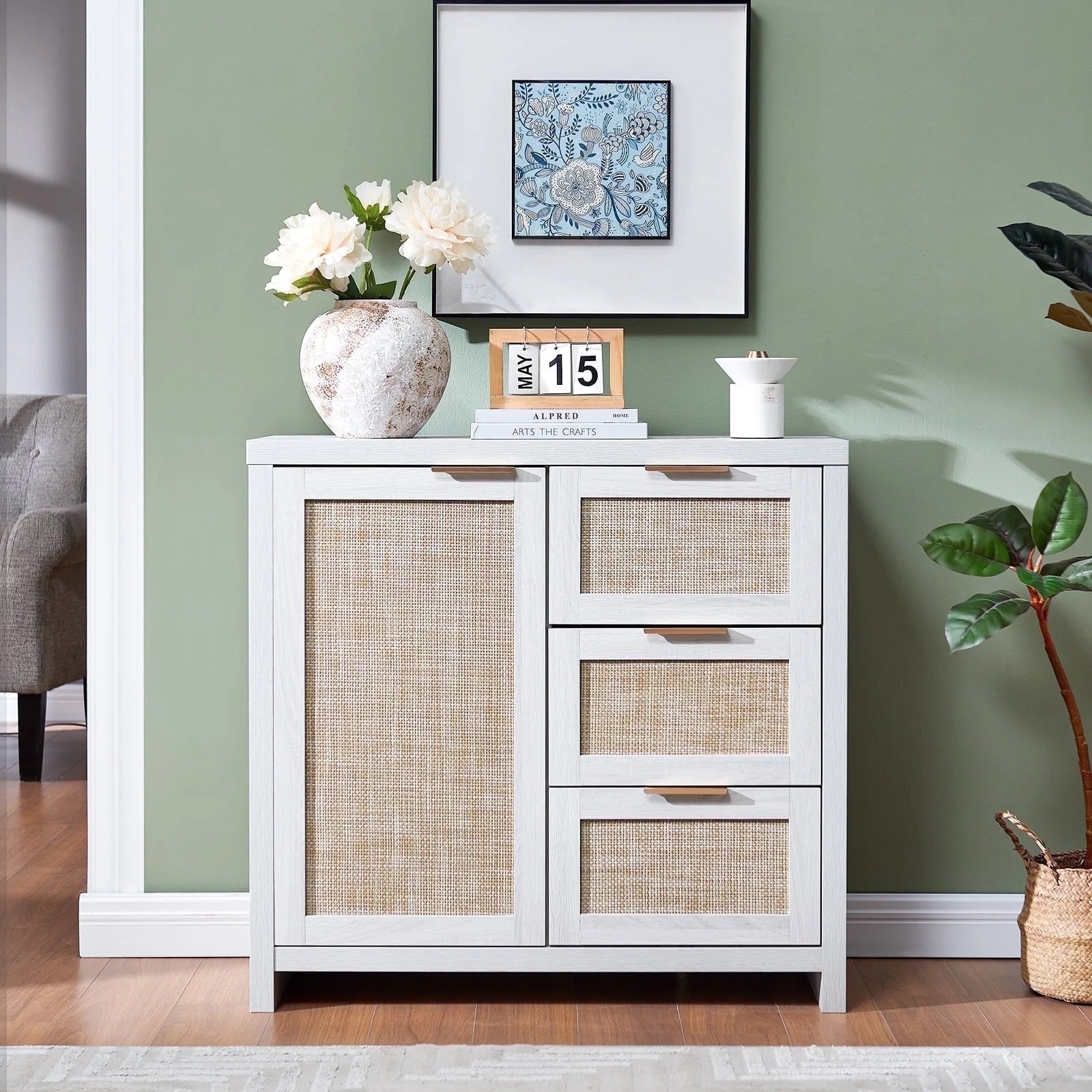 Hampstead Storage Cabinet/Hallway Console Table/Sideboard/Accent Cabinet with Rattan Drawers Pale Oak