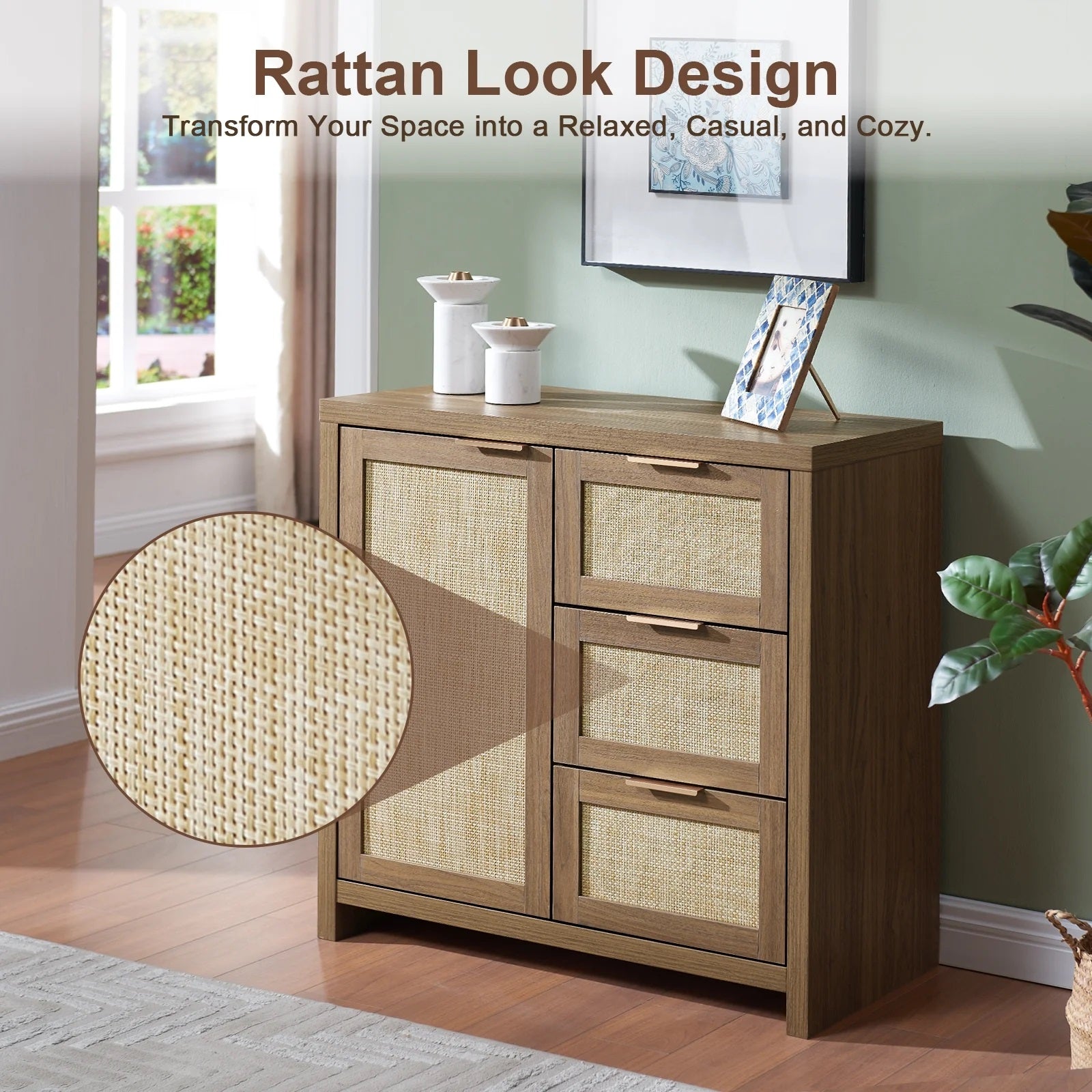 Hampstead Hallway Console/Buffet/Sideboard/Accent Cabinet with Rattan Drawers Walnut