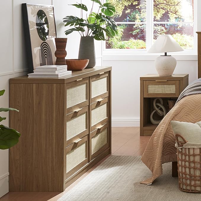 Tallboy Hallway Console Table/Rattan Storage Sideboard Chest of Drawers Walnut