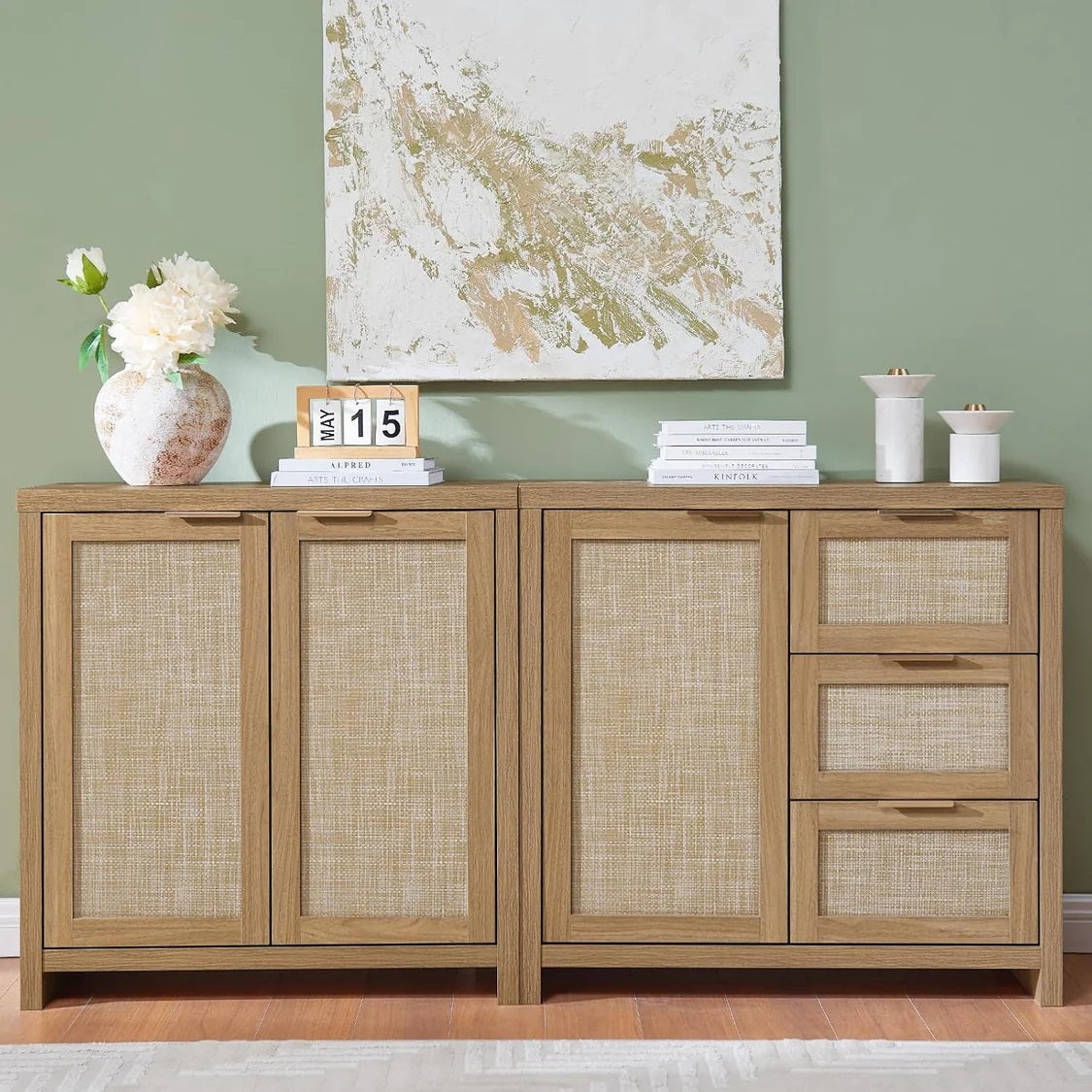Hampstead Storage Cabinet/Hallway Console Table/Sideboard/Accent Cabinet with Rattan Drawers Midnight Oak Weathered Oak