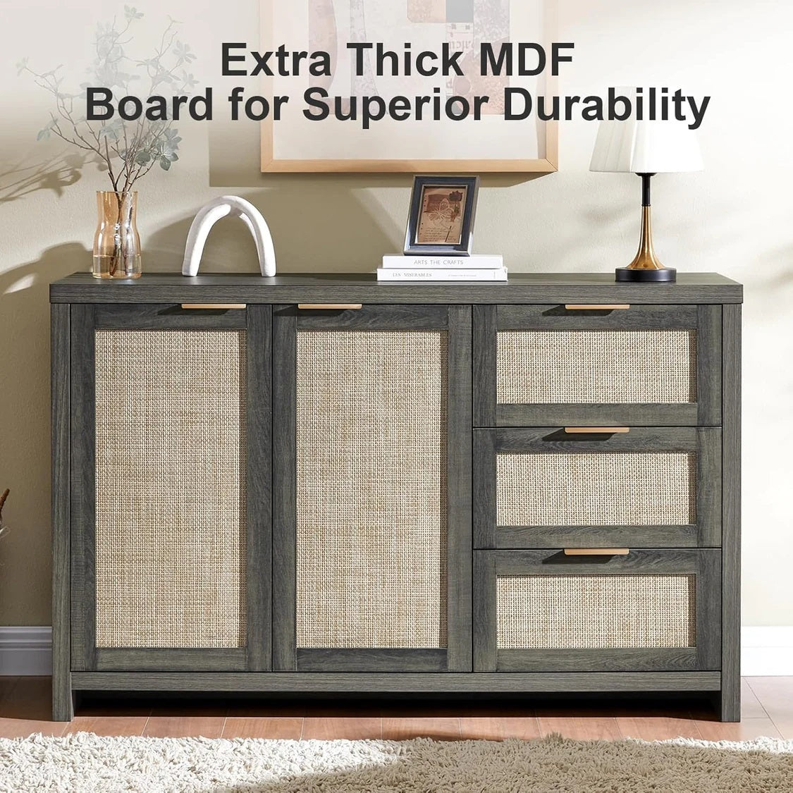 Rattan Dresser Tallboy Storage Cabinet/Buffet Sideboard/Hallway Table Midnight Oak