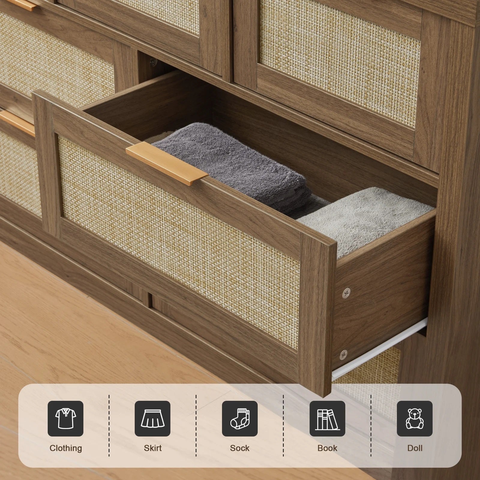 Rattan Hallway Console Sideboard/Tallboy Storage Cabinet Dresser Walnut