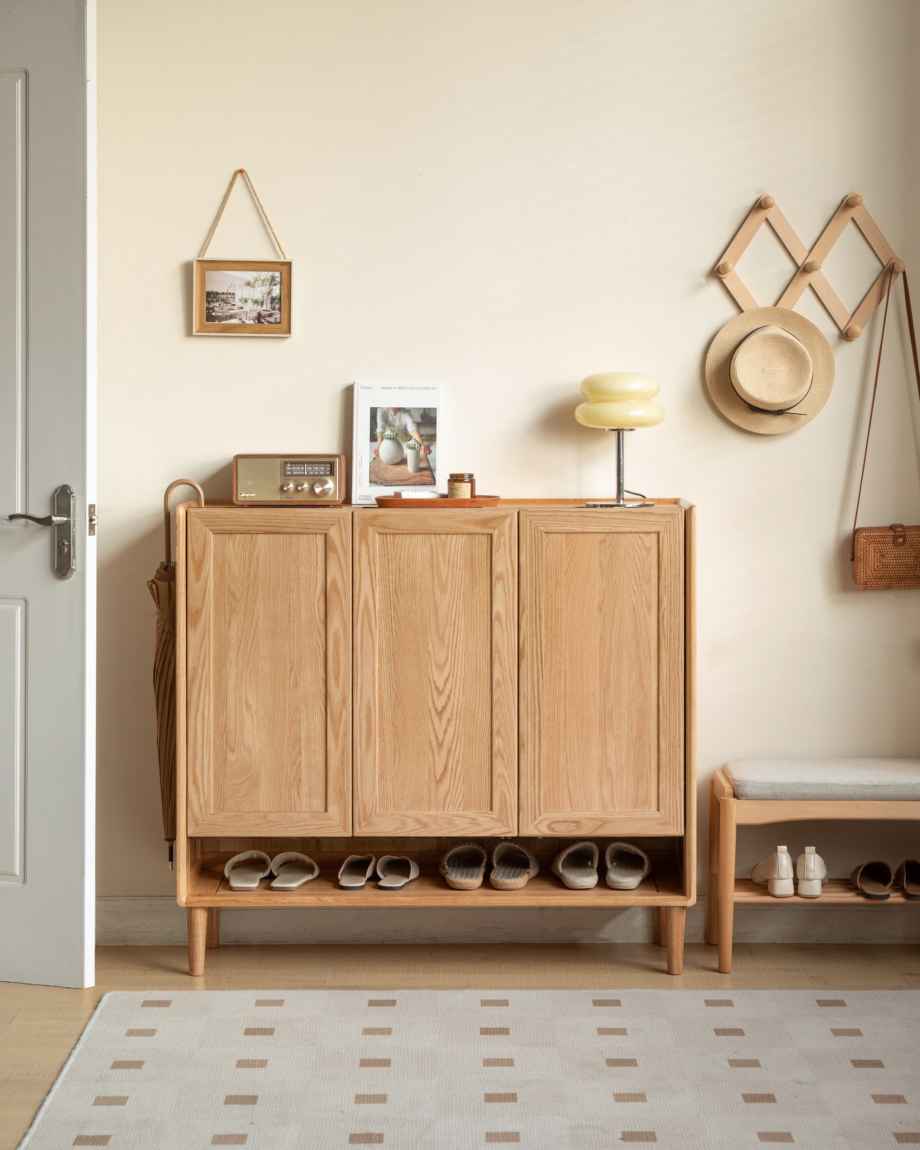 FSC Certified Solid American Oak Three-Door Shoe Cabinet with Bottom Open Shelf