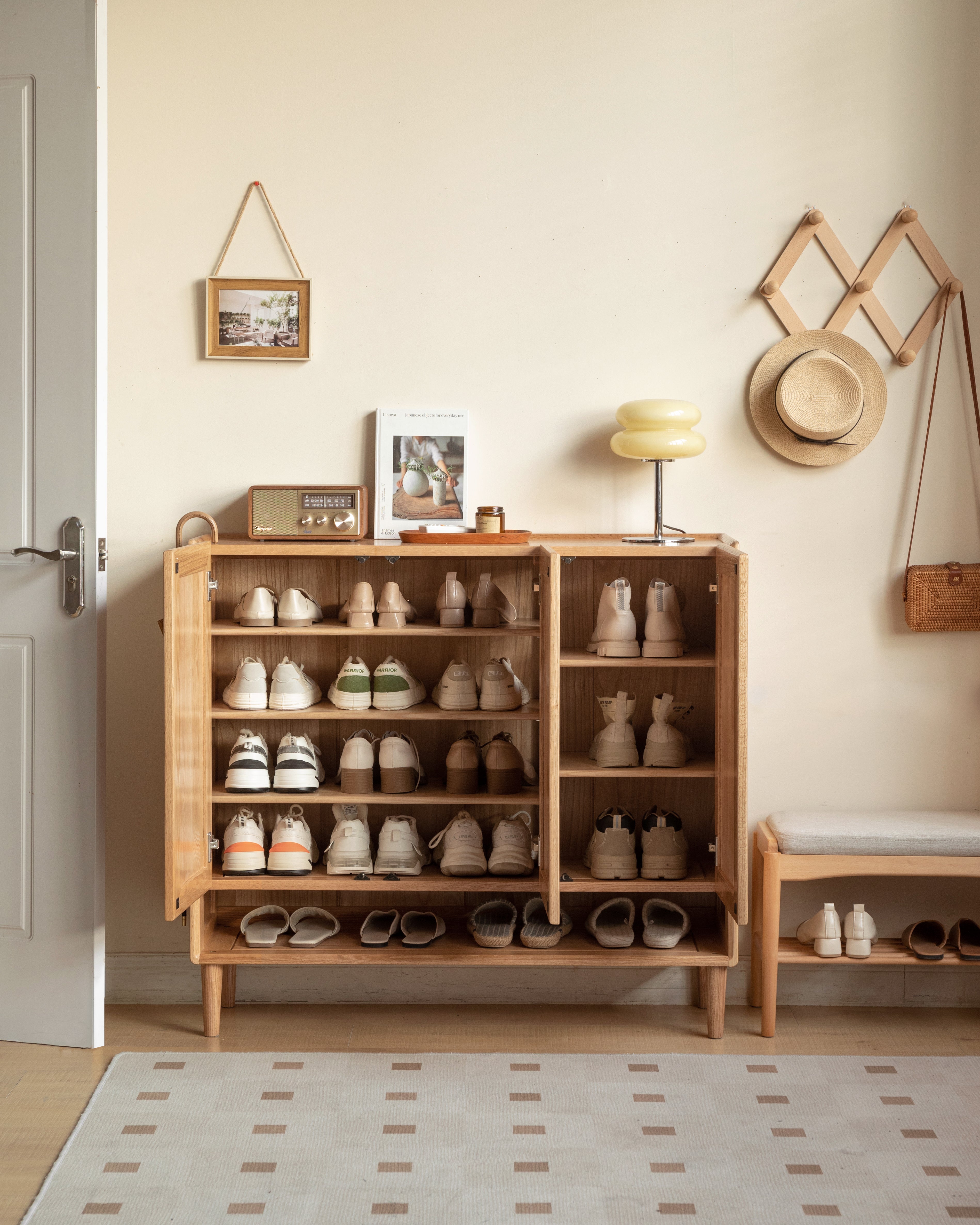 FSC Certified Solid American Oak Three-Door Shoe Cabinet with Bottom Open Shelf