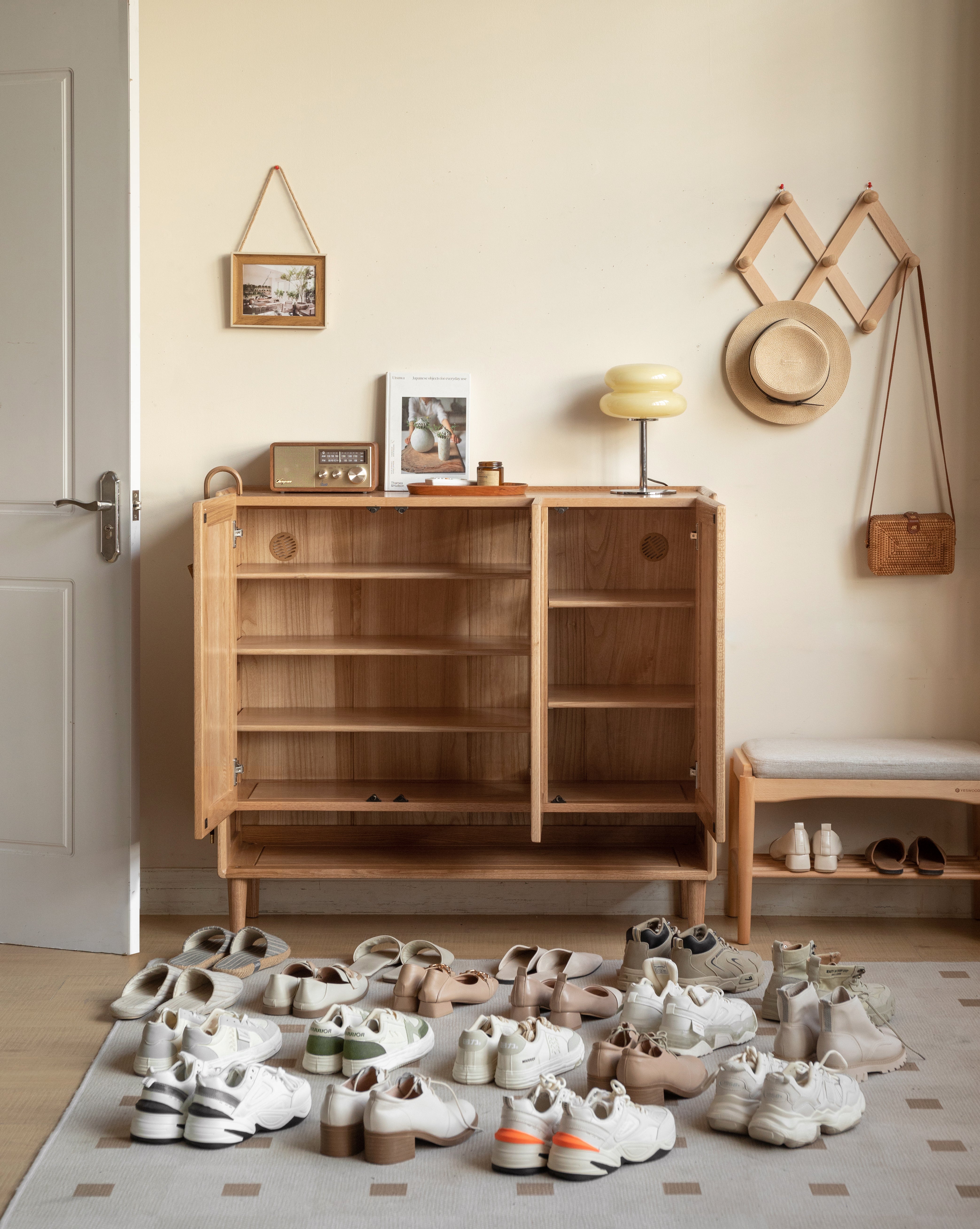 FSC Certified Solid American Oak Three-Door Shoe Cabinet with Bottom Open Shelf