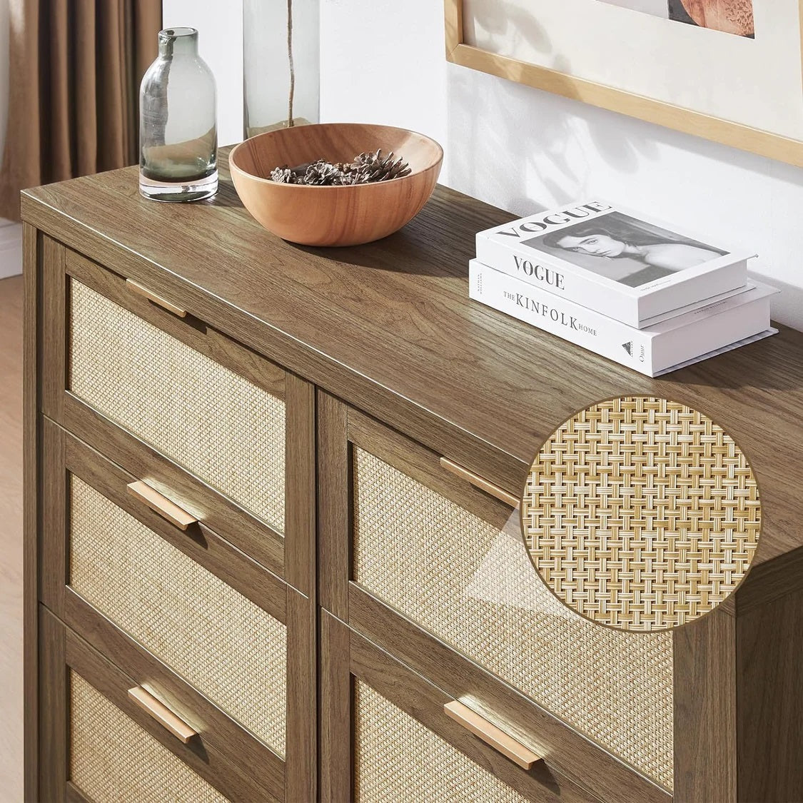 Tallboy Hallway Console Table/Rattan Storage Sideboard Chest of Drawers Walnut
