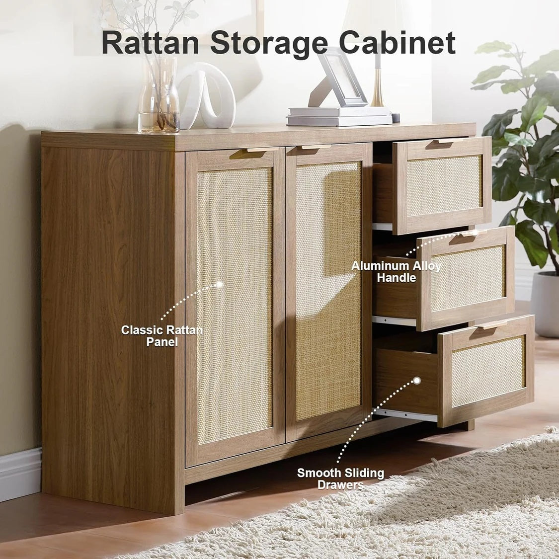Rattan Dresser Tallboy Storage Cabinet/Buffet Sideboard/Hallway Table Walnut