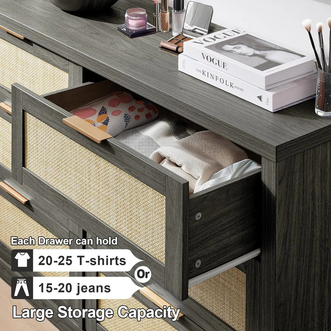 Tallboy Hallway Console Table/Rattan Storage Sideboard Chest of Drawers Midnight Oak
