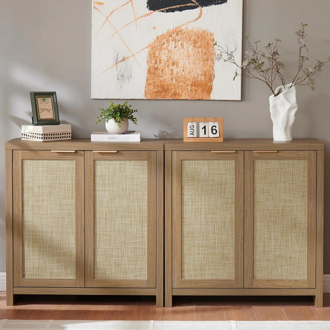 Hampstead Shoe Cabinet/Buffet/Sideboard/Accent Cabinet with Rattan Doors Weathered Oak