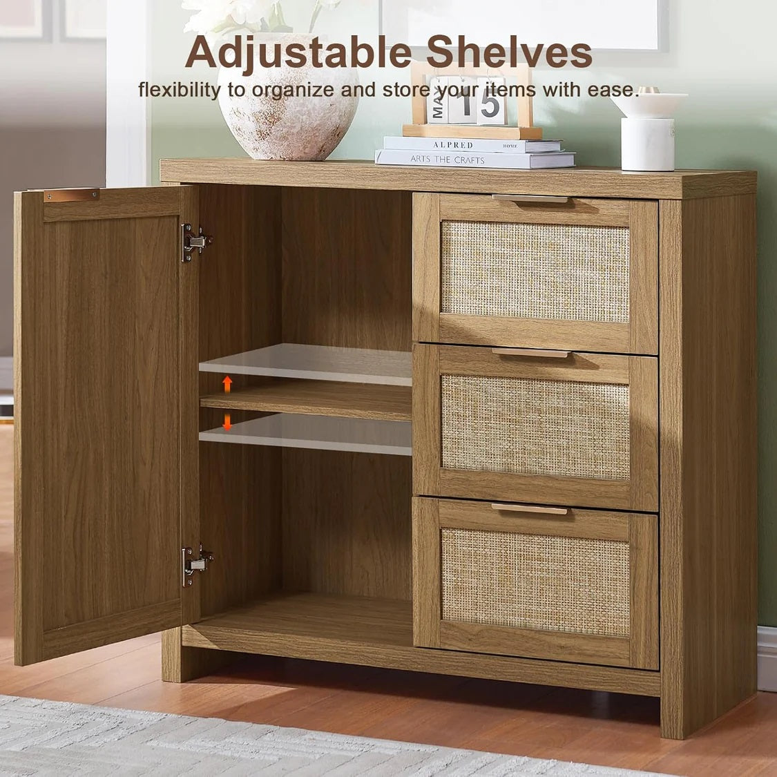 Hampstead Storage Cabinet/Hallway Console Table/Sideboard/Accent Cabinet with Rattan Drawers Midnight Oak Weathered Oak