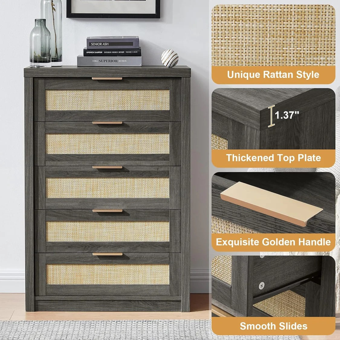 5 Drawers Dresser Tallboy Storage Cabinet/Rattan Drawers/Hallway Console Table Midnight Oak