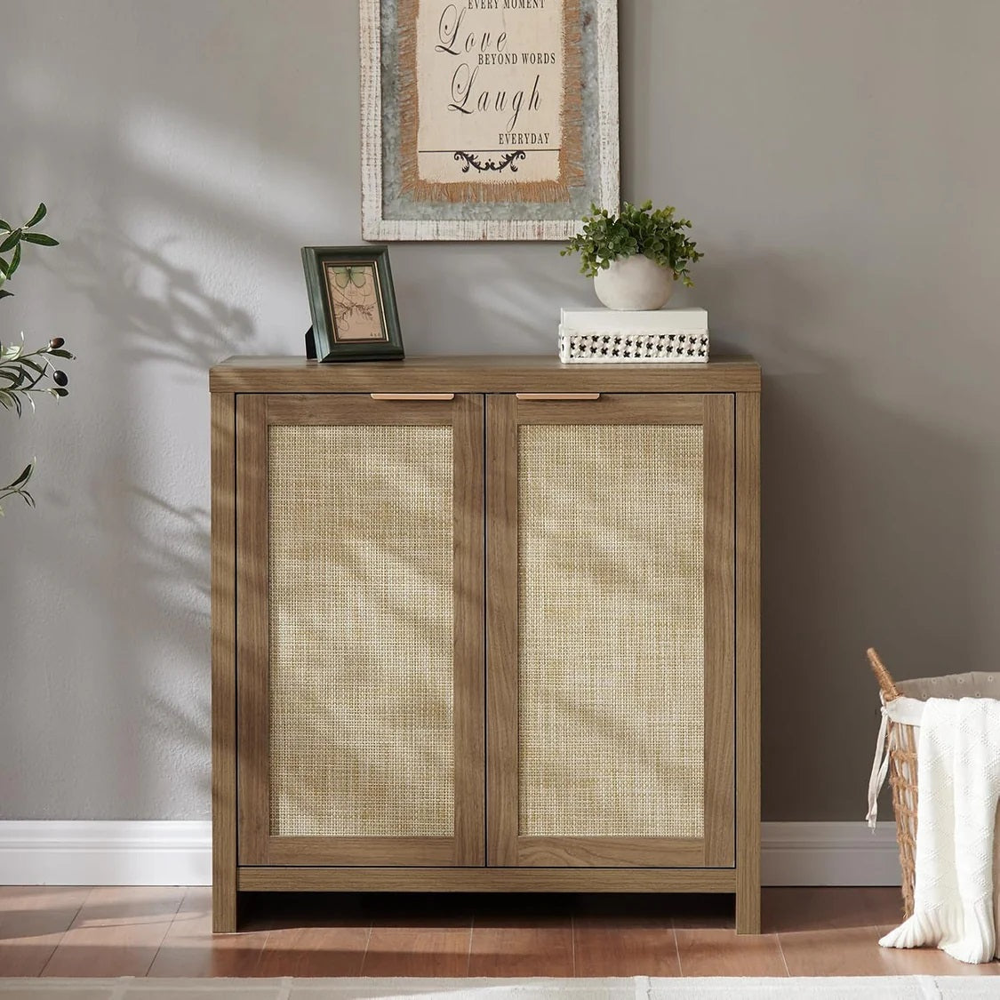 Hampstead Shoe Cabinet/Buffet/Sideboard/Accent Cabinet with Rattan Doors Walnut