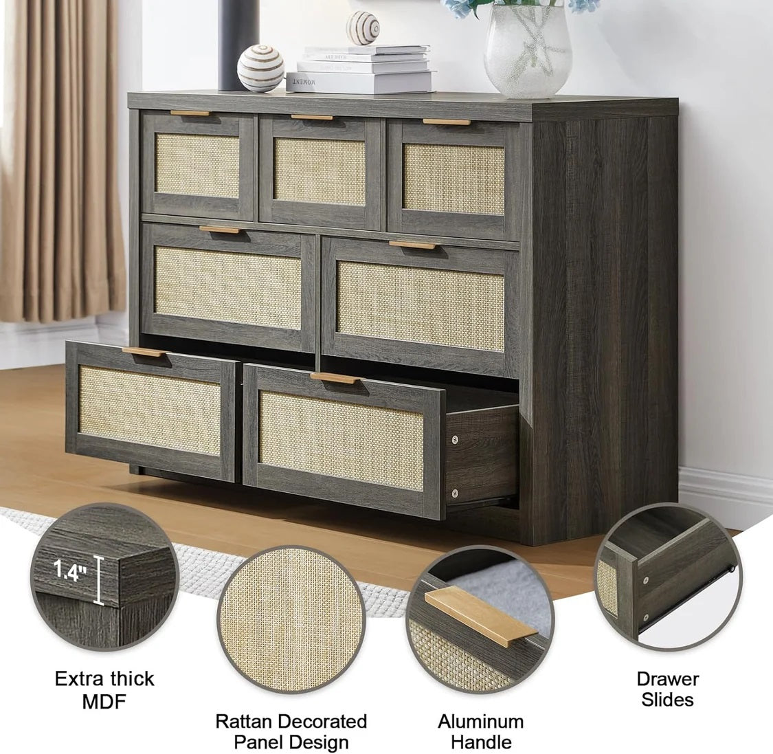 Rattan Hallway Console Sideboard/Tallboy Storage Cabinet Dresser Midnight Oak