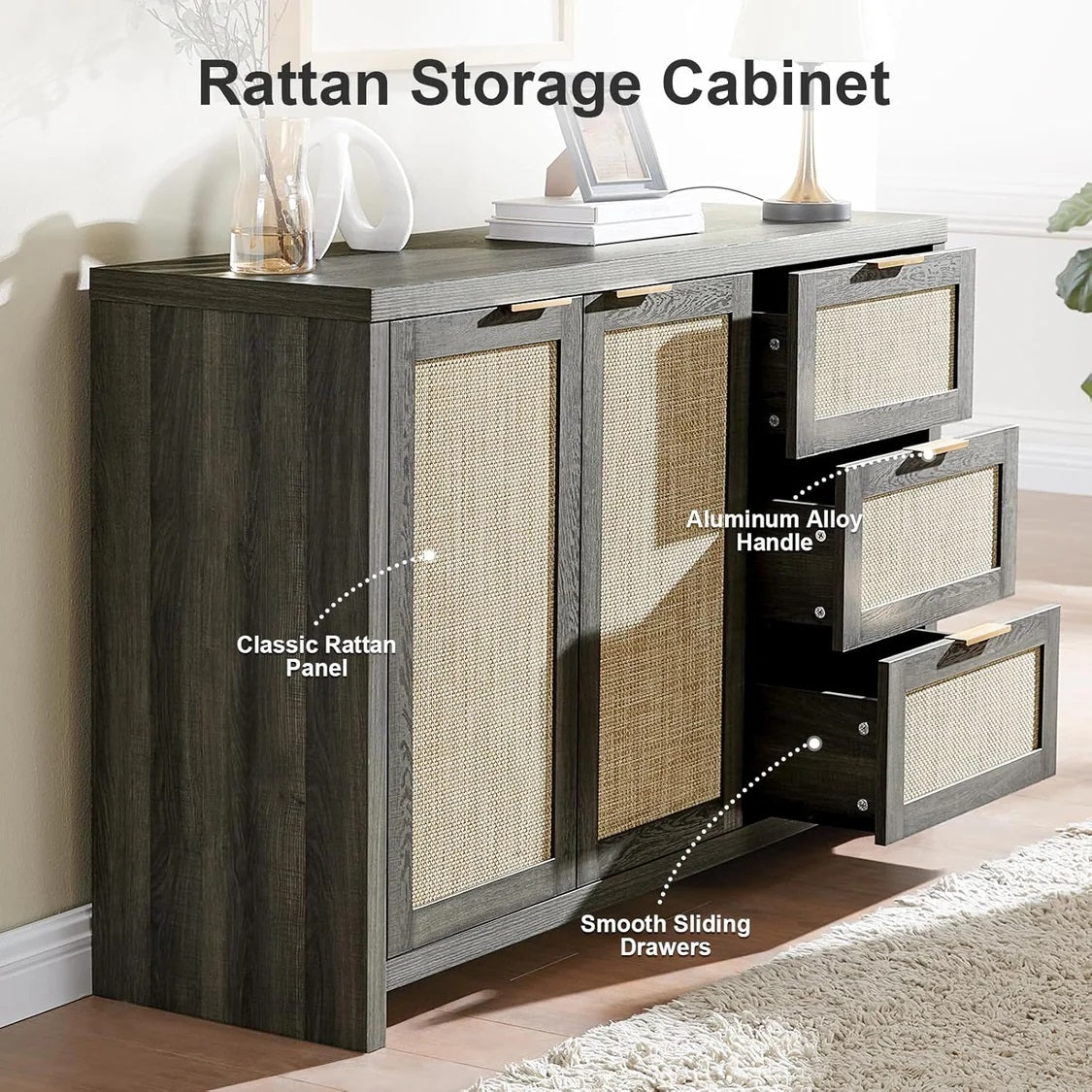 Rattan Dresser Tallboy Storage Cabinet/Buffet Sideboard/Hallway Table Midnight Oak