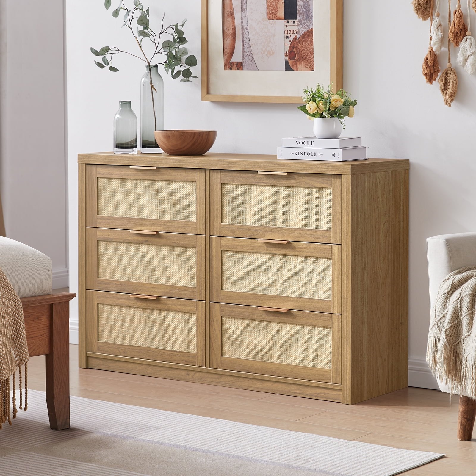 Tallboy Hallway Console Table/Rattan Storage Sideboard Chest of Drawers Weathered Oak