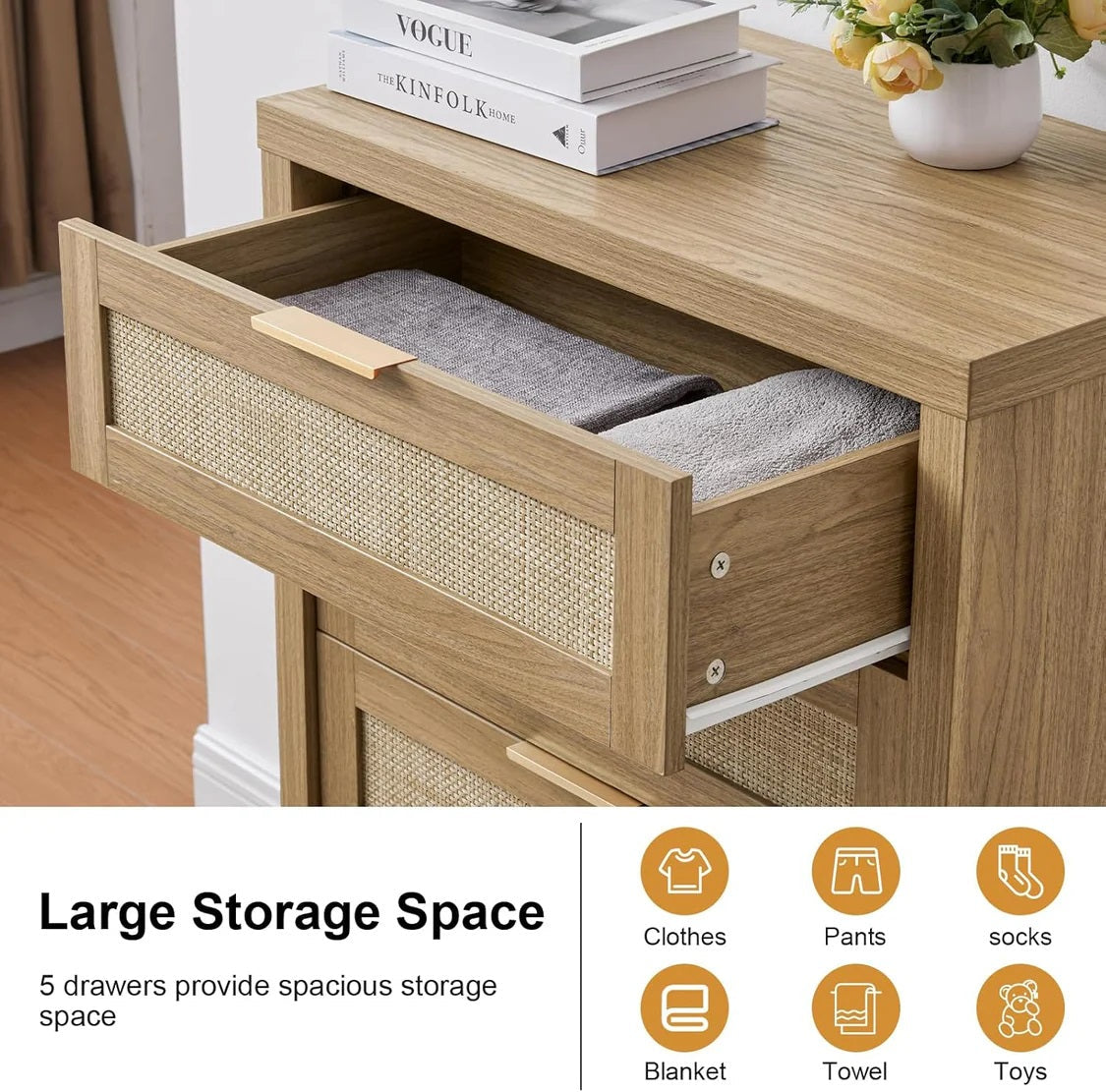 5 Drawers Dresser Tallboy Storage Cabinet/Rattan Drawers/Hallway Console Table Weathered Oak
