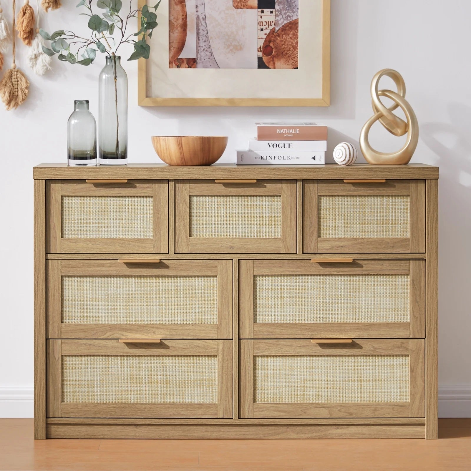 Rattan Hallway Console Sideboard/Tallboy Storage Cabinet Dresser Weathered Oak
