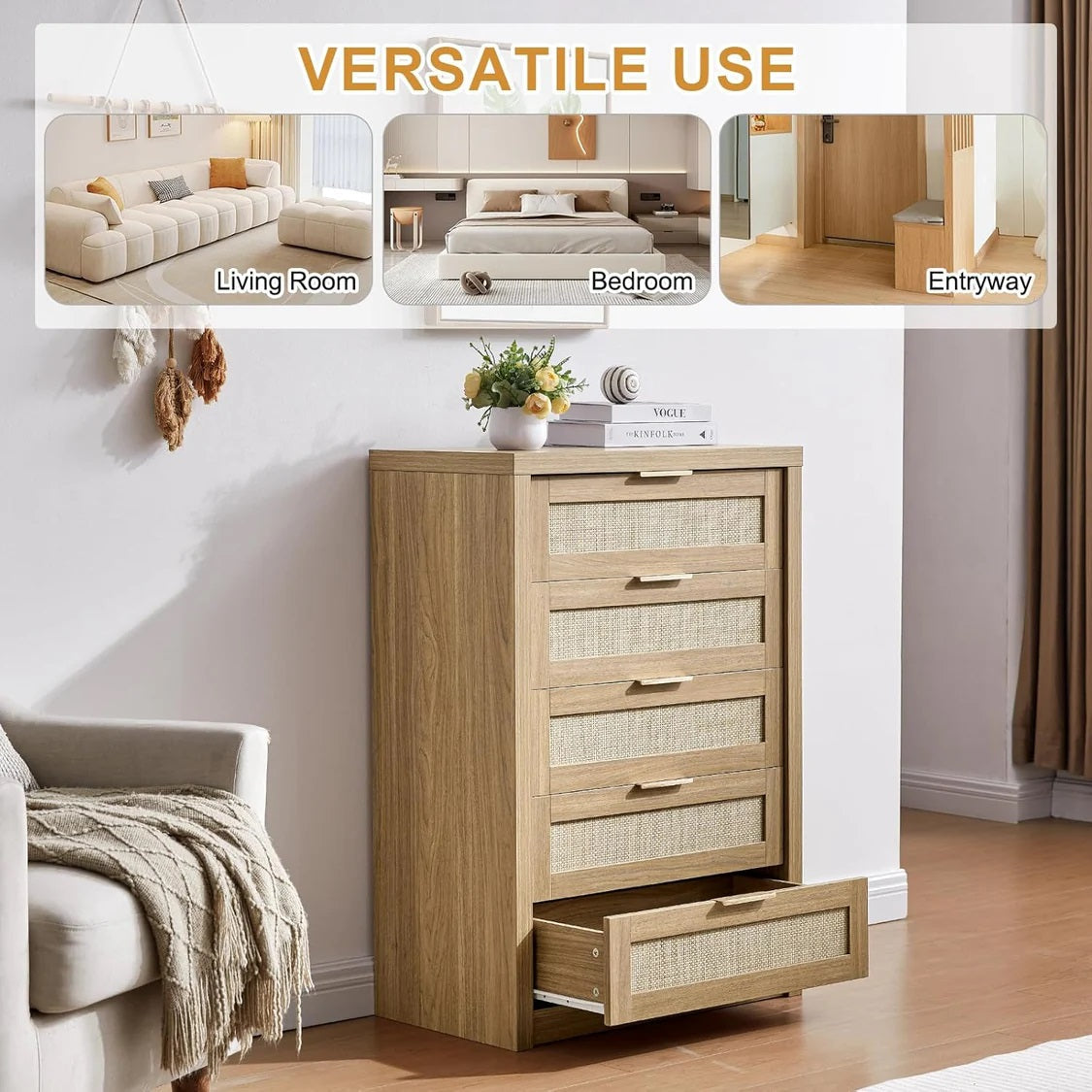 5 Drawers Dresser Tallboy Storage Cabinet/Rattan Drawers/Hallway Console Table Weathered Oak
