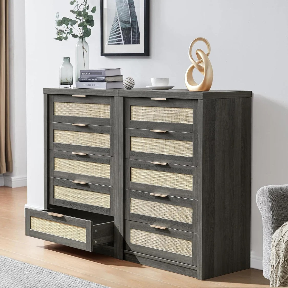 5 Drawers Dresser Tallboy Storage Cabinet/Rattan Drawers/Hallway Console Table Midnight Oak