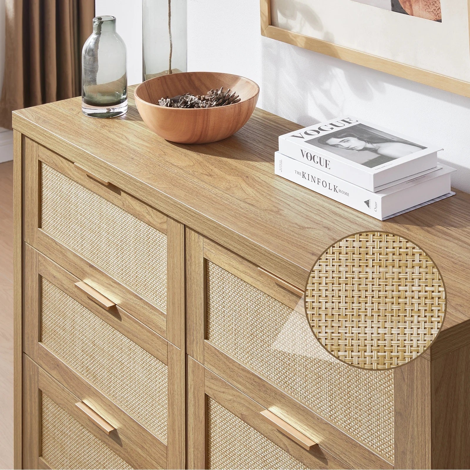 Tallboy Hallway Console Table/Rattan Storage Sideboard Chest of Drawers Weathered Oak