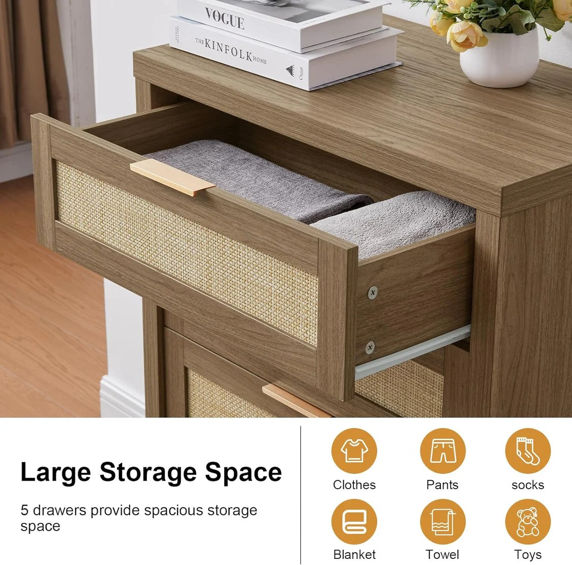 5 Drawers Dresser Tallboy Storage Cabinet/Rattan Drawers/Hallway Console Table Walnut