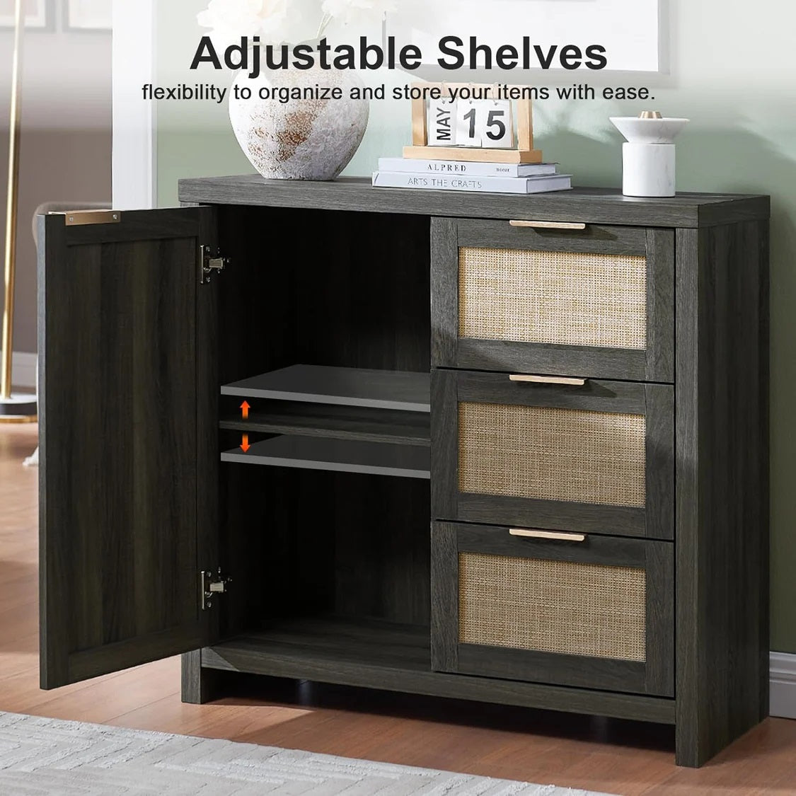 Hampstead Hallway Console Cabinet/Sideboard/Accent Cabinet with Rattan Drawers Midnight Oak