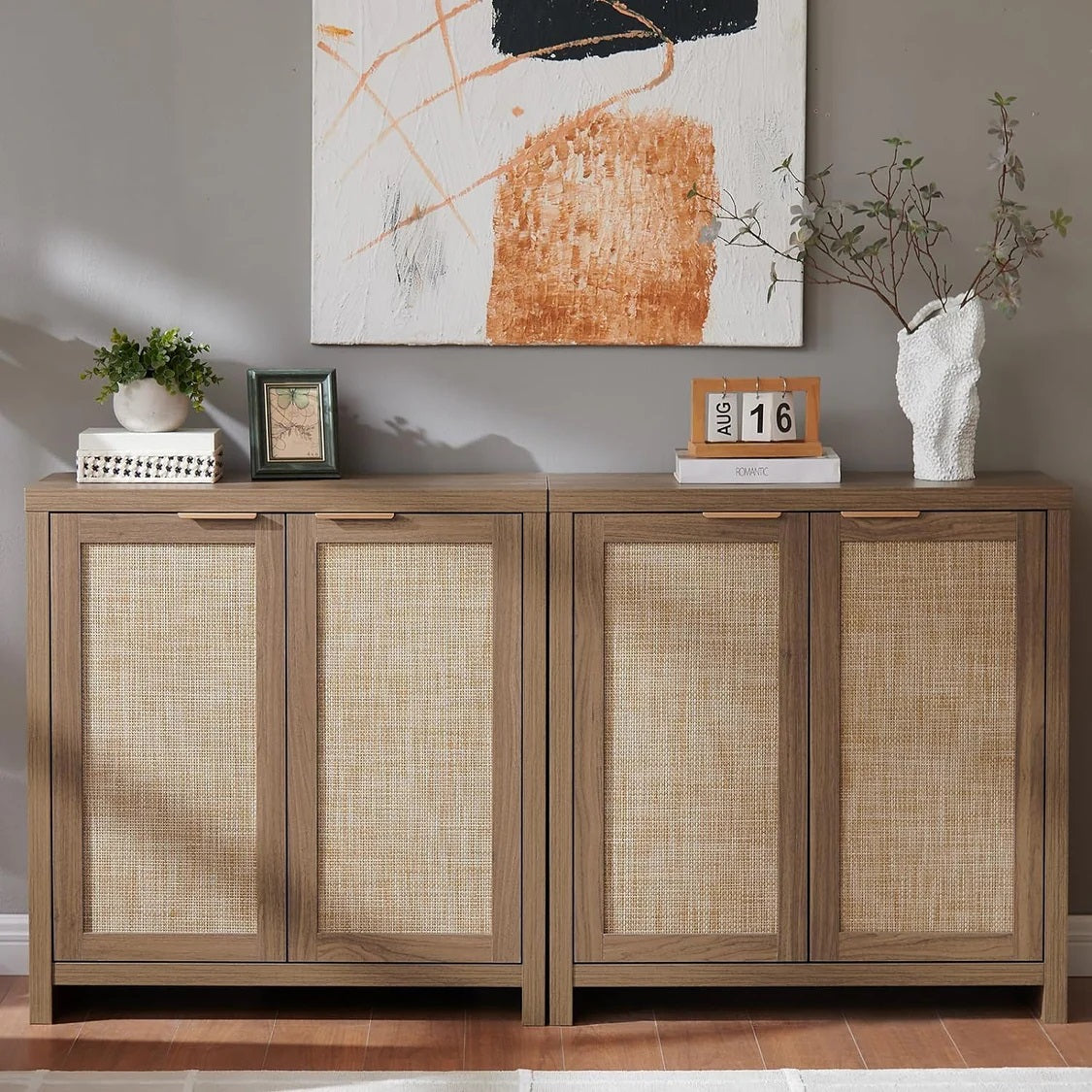 Hampstead Shoe Cabinet/Buffet/Sideboard/Accent Cabinet with Rattan Doors Walnut