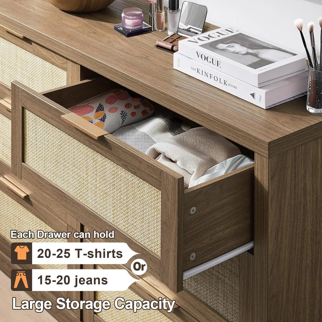 Tallboy Hallway Console Table/Rattan Storage Sideboard Chest of Drawers Walnut